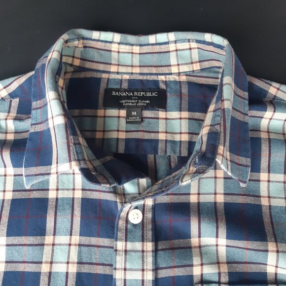 Banana Republic SZ M Lightweight Flannel Men's Blue Plaid Button Up Shirt - Picture 3 of 12